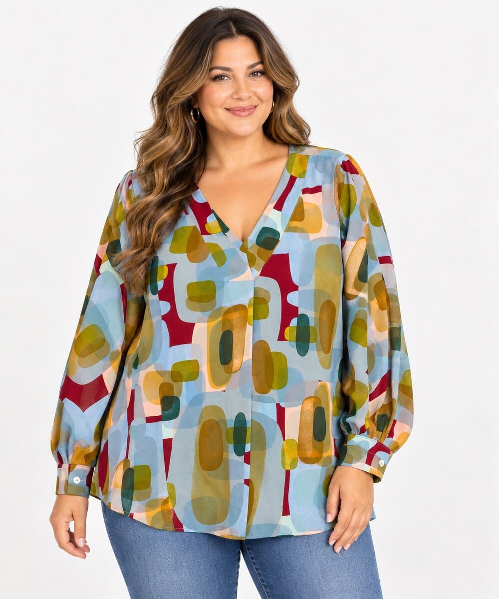 Hayley & Co. Multicolor Abstract Print V-Neck Blouse Size 1X